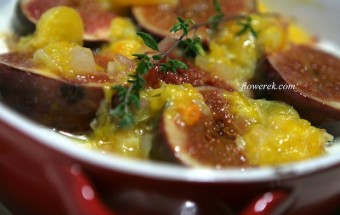 Feigen mit Ziegenkäse überbacken, auf Orangenchutney